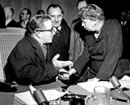 27 January 1947 First Session of the Commission on Human Rights, United Nations, Lake Success, New York (from left to right): Mr. Henri Laugier, Assistant Secretary-General for the Department of Social Affairs; Mr. Jan Stanczyk (Poland), Top-Ranking Director of the UN Department of Social Affairs; and Mrs. Eleanor Roosevelt (USA),  representative and Chairman of the Commission, before the opening of the session.